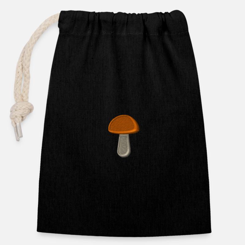 Champignon brodé - Sac cadeau en coton avec cordon (14 x 20 cm) - noir