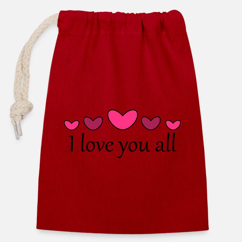 Je vous aime tous - Sac cadeau en coton avec cordon (14 x 20 cm) - rouge