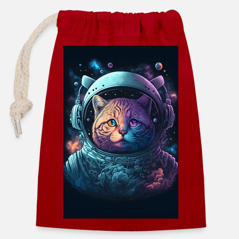 Chat de l’espace - Sac cadeau en coton avec cordon (14 x 20 cm) - rouge
