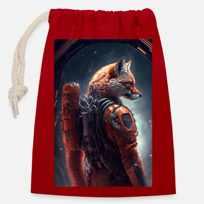 Fox in space - Closable cotton gift bag (14x20cm) - red