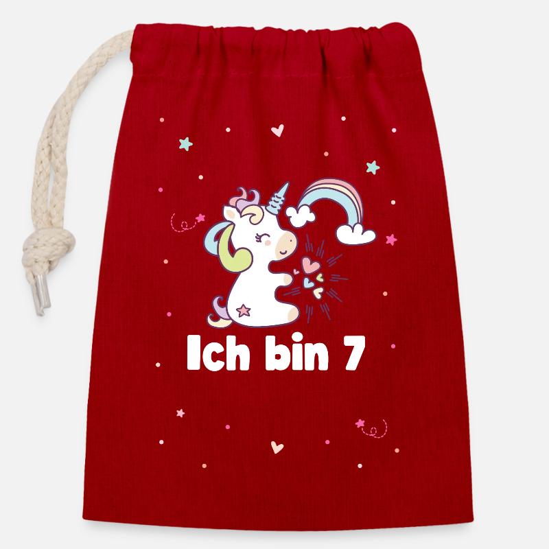 Ich bin 7 Mädchen Einhorn - Verschließbarer Geschenkbeutel aus Baumwolle (14x20cm) - Rot