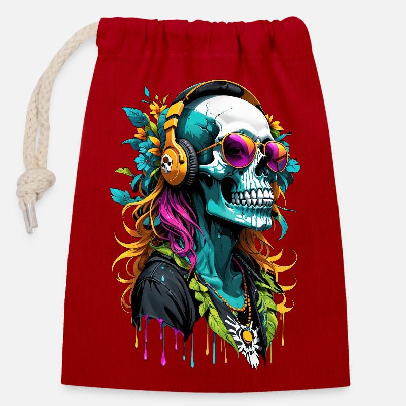 Crâne DJ Hippie - Sac cadeau en coton avec cordon (14 x 20 cm) - rouge