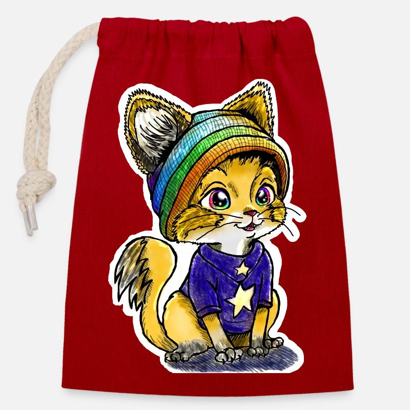 Chaton arc-en-ciel - Sac cadeau en coton avec cordon (14 x 20 cm) - rouge