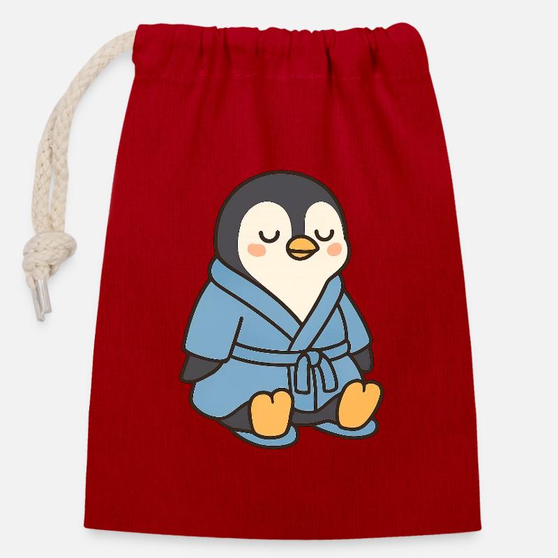 Penguin in a bathrobe - Closable cotton gift bag (14x20cm) - red