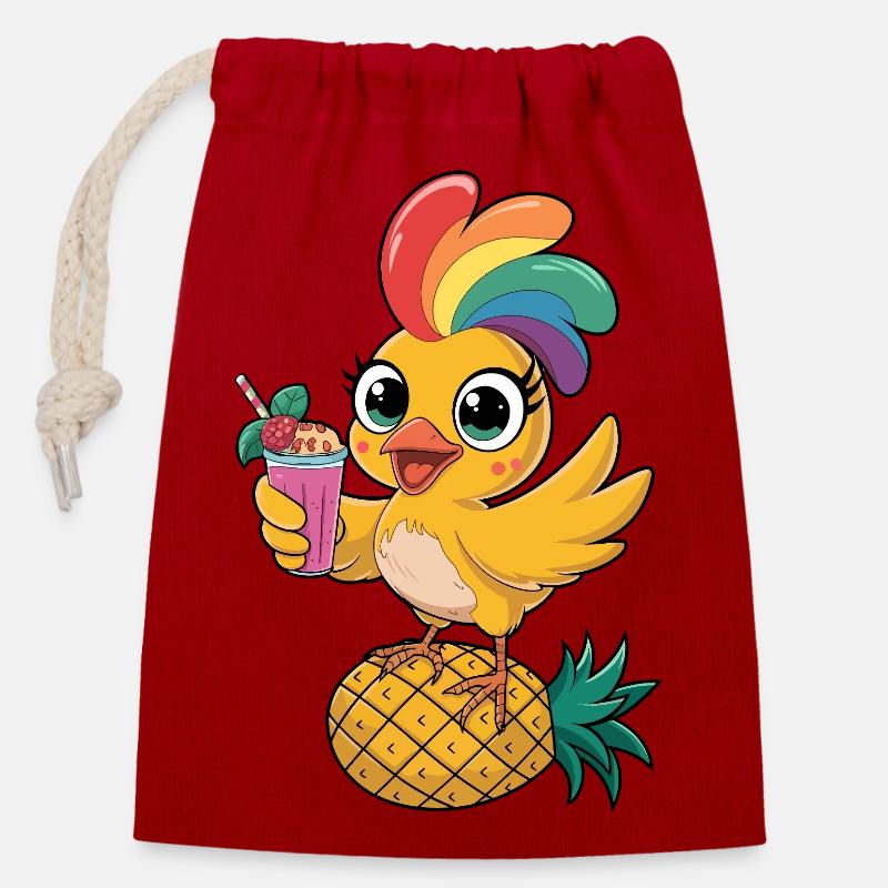 Cute Tropical Chicken with Rainbow Feathers - Closable cotton gift bag (14x20cm) - red