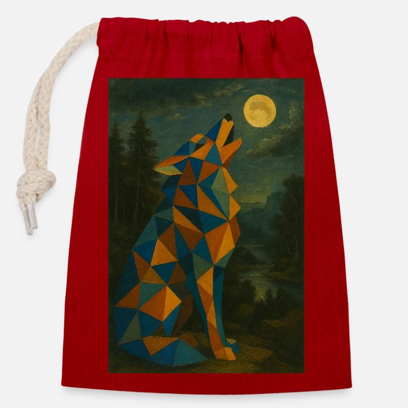 Wolf heult Mond an - Verschließbarer Geschenkbeutel aus Baumwolle (14x20cm) - Rot