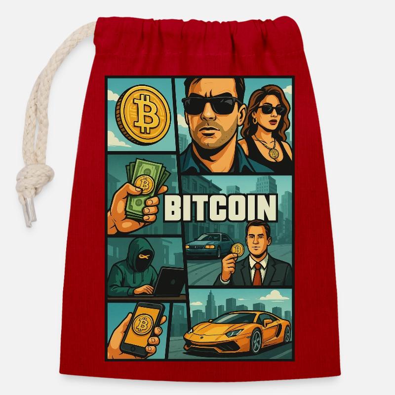 20250507 0850 Bitcoin in GTA Style simple compo - Verschließbarer Geschenkbeutel aus Baumwolle (14x20cm) - Rot