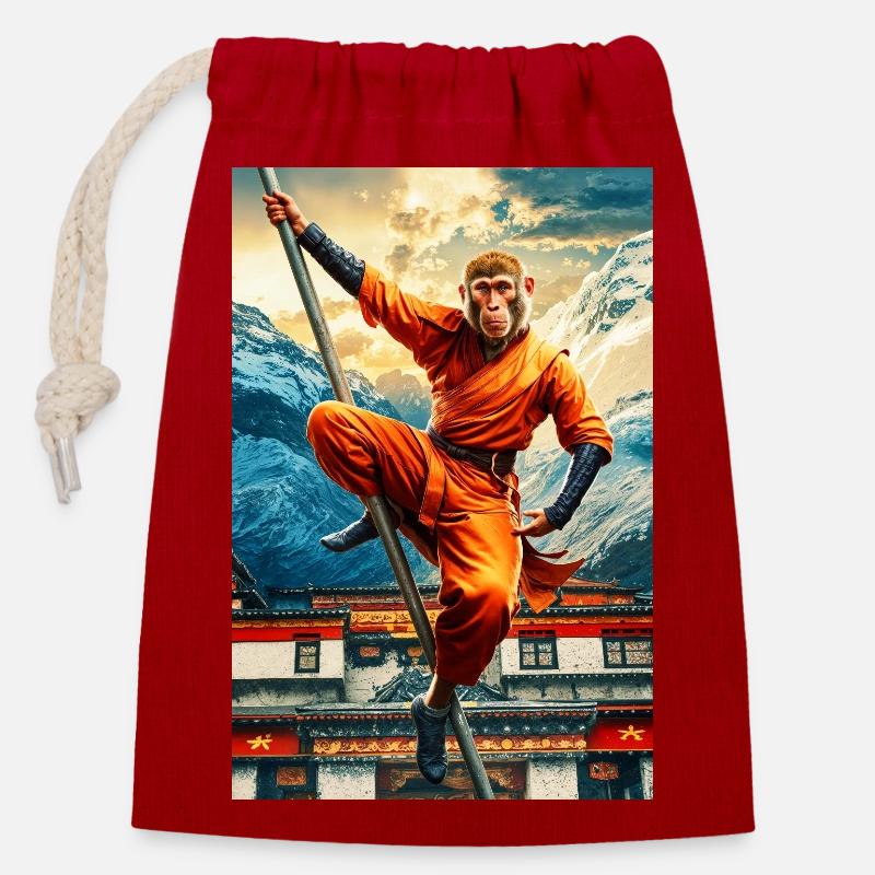 Humanoider Affe Shaolin Mönch - Verschließbarer Geschenkbeutel aus Baumwolle (14x20cm) - Rot