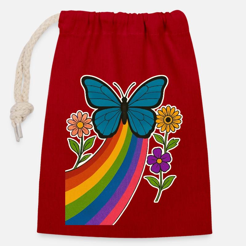 Regenbogen Schmetterling - Verschließbarer Geschenkbeutel aus Baumwolle (14x20cm) - Rot