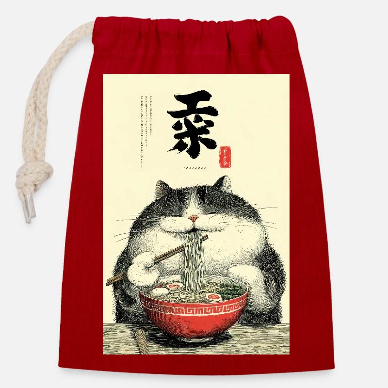 Nudelkatze: Zen-Schüssel-Illustration - Verschließbarer Geschenkbeutel aus Baumwolle (14x20cm) - Rot