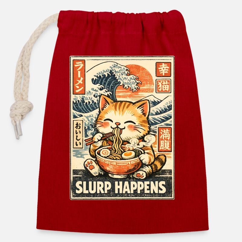 Ramen Chat - Sac cadeau en coton avec cordon (14 x 20 cm) - rouge