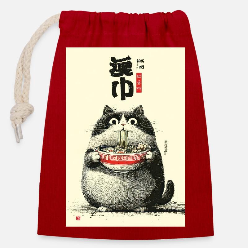 Portrait du chat ramen - Sac cadeau en coton avec cordon (14 x 20 cm) - rouge