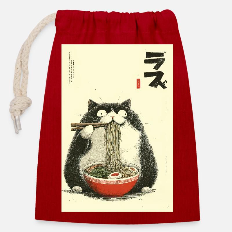 Neko Ramen Katze - Verschließbarer Geschenkbeutel aus Baumwolle (14x20cm) - Rot