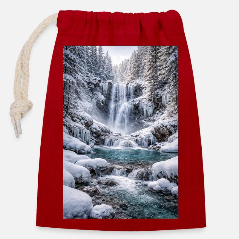 Winter waterfall in snow-covered forest - Closable cotton gift bag (14x20cm) - red