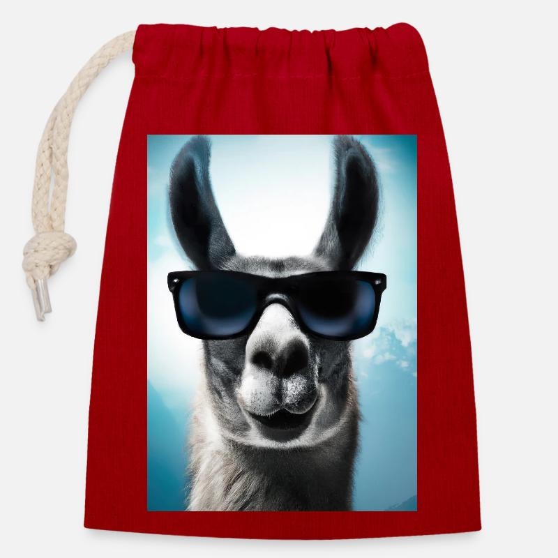 Lama mit Sonnenbrille - Verschließbarer Geschenkbeutel aus Baumwolle (14x20cm) - Rot