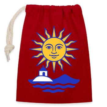 Greece Sun: Sun, Water, Chapel - Closable cotton gift bag (14x20cm) - red - Front