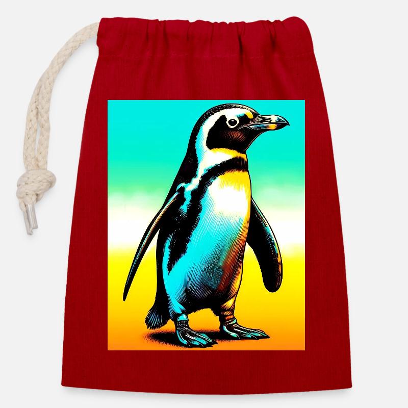 Pinguin - Verschließbarer Geschenkbeutel aus Baumwolle (14x20cm) - Rot