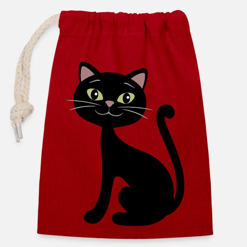 Glückliche schwarze Katze - Verschließbarer Geschenkbeutel aus Baumwolle (14x20cm) - Rot