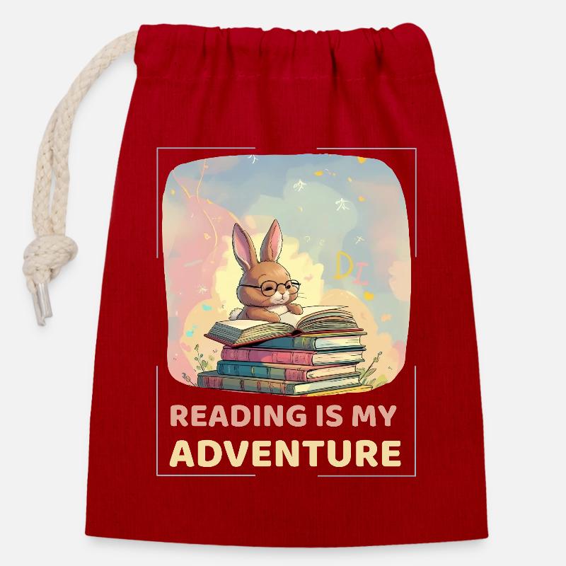 Rabbit reading with adventure style - Closable cotton gift bag (14x20cm) - red