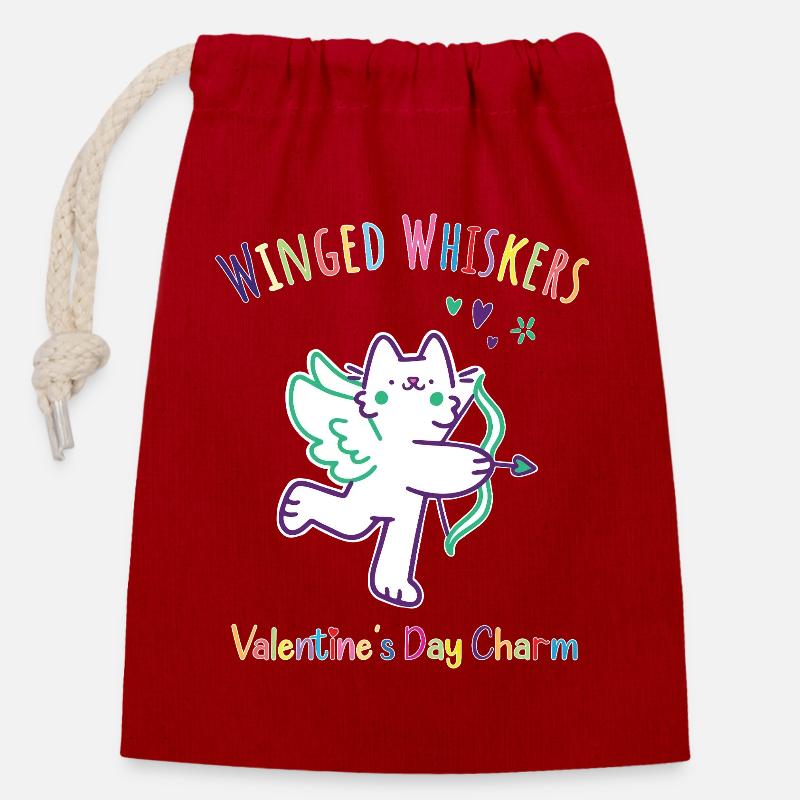 Winged Whiskers-Valentine s Day Charm - Closable cotton gift bag (14x20cm) - red