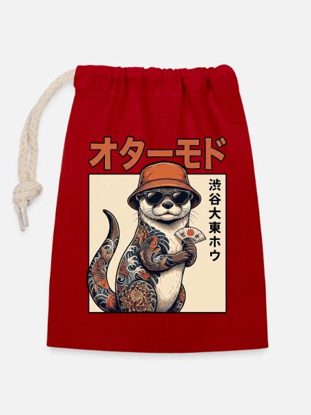 Japanischer Otter - Verschließbarer Geschenkbeutel aus Baumwolle (14x20cm) - Rot