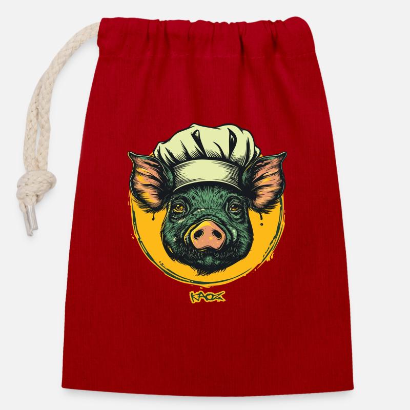 Kitchens Cook Chef Pig - Closable cotton gift bag (14x20cm) - red