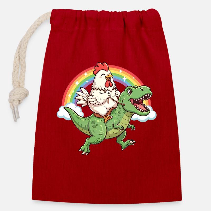 Huhn Reitender T-Rex Dinosaurier Regenbogen - Verschließbarer Geschenkbeutel aus Baumwolle (14x20cm) - Rot