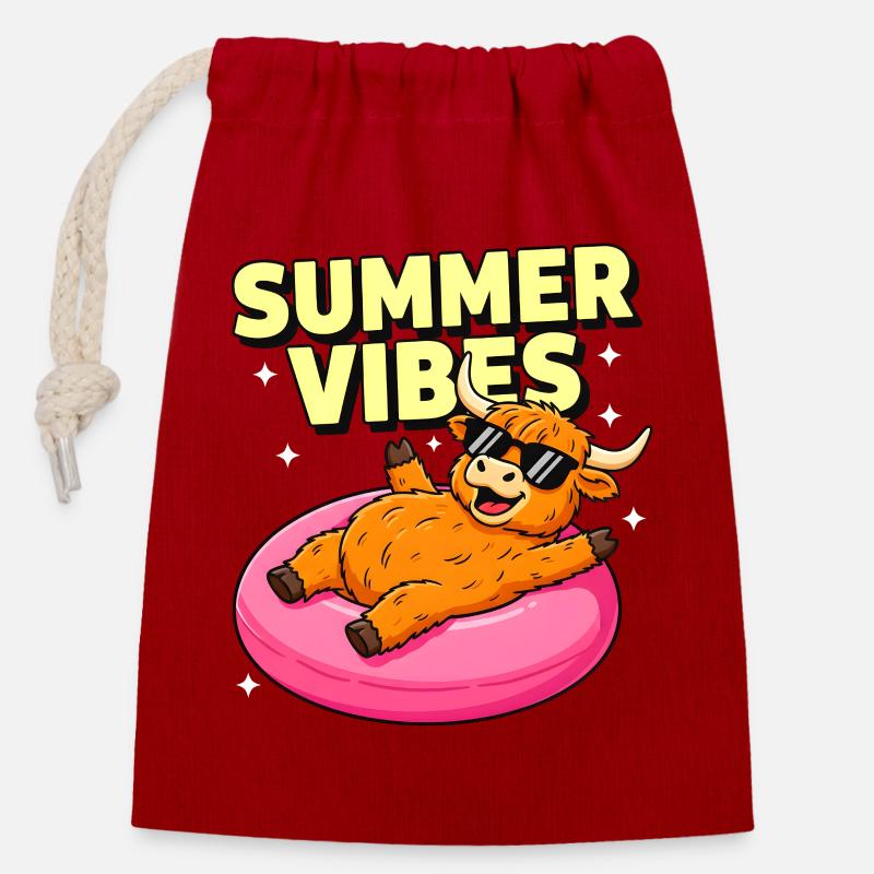 Vache des Highlands Summer Vibes sur Pink Float - Sac cadeau en coton avec cordon (14 x 20 cm) - rouge