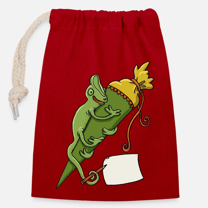 Caméléon avec cône d’école et bout de papier - Sac cadeau en coton avec cordon (14 x 20 cm) - rouge