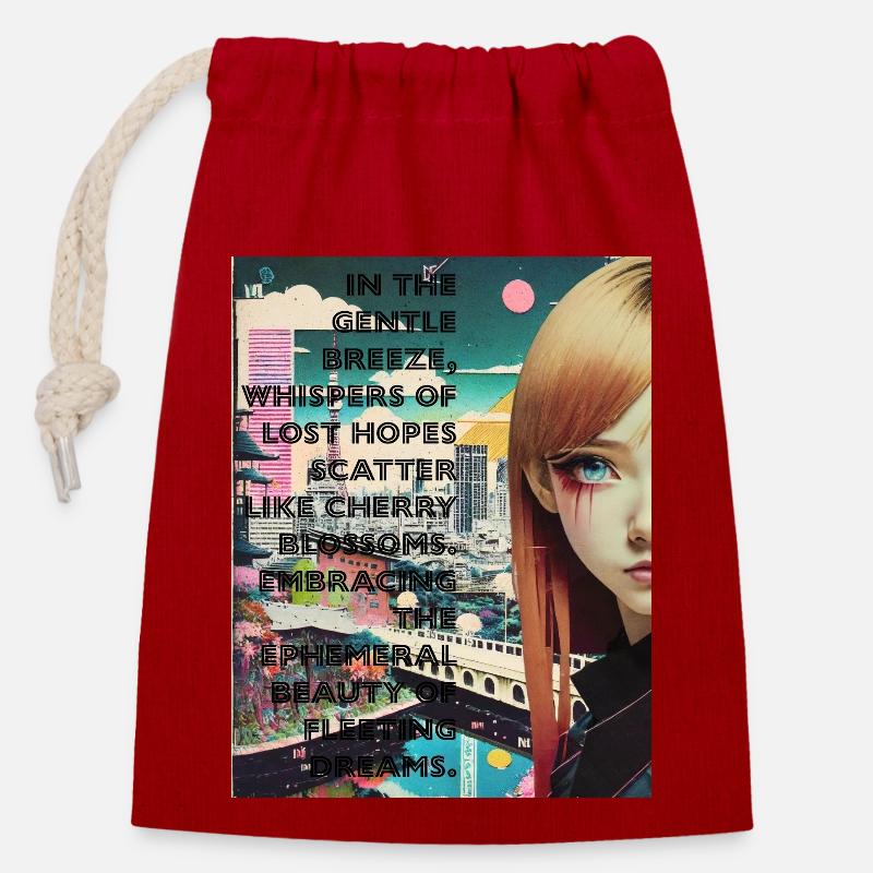 Fille d’anime triste - Sac cadeau en coton avec cordon (14 x 20 cm) - rouge