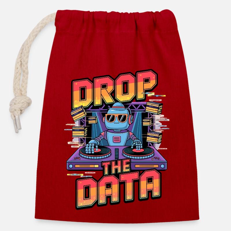 Drop the Data DJ Robot Techno Design - Closable cotton gift bag (14x20cm) - red