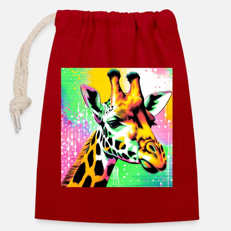 girafe - Sac cadeau en coton avec cordon (14 x 20 cm) - rouge