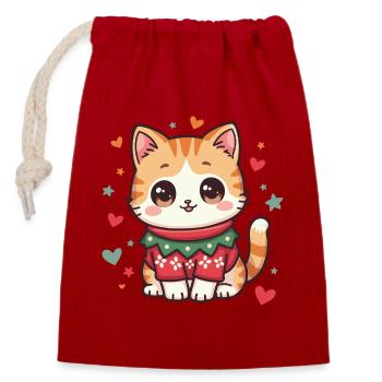 Chat de Noël - Sac cadeau en coton avec cordon (14 x 20 cm) - rouge - Devant