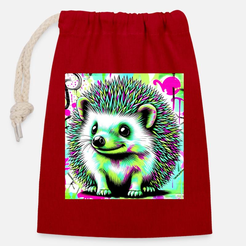 hedgehog - Closable cotton gift bag (14x20cm) - red
