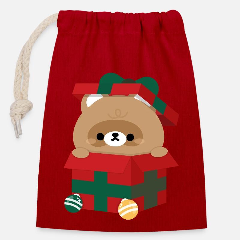 Cadeau de Noël Castor - Sac cadeau en coton avec cordon (14 x 20 cm) - rouge