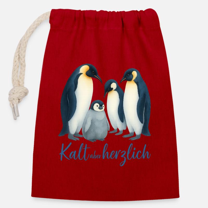 Blue Winter Penguins - Closable cotton gift bag (14x20cm) - red