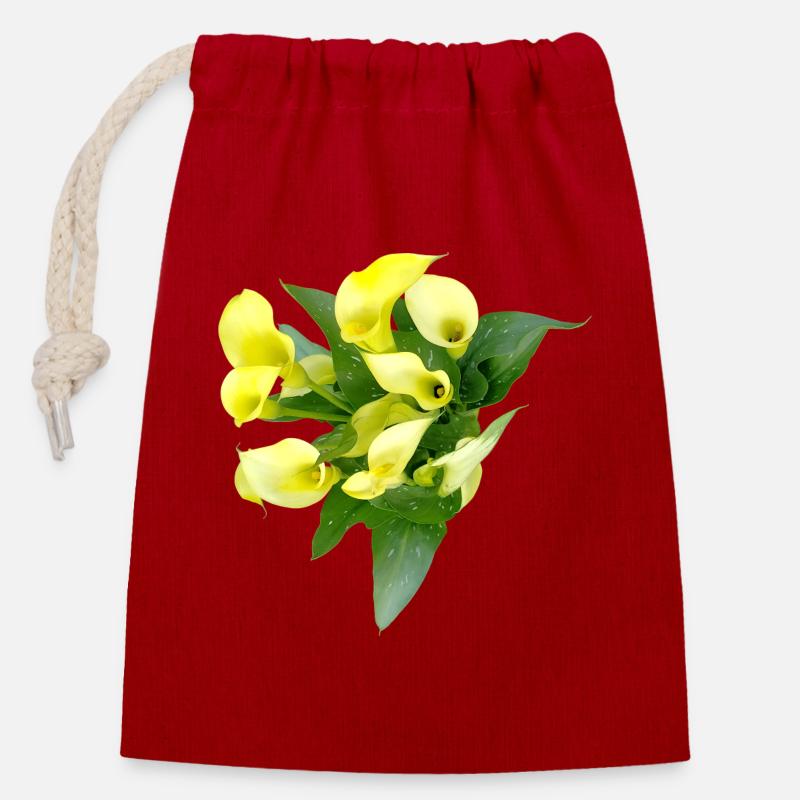 Zarte Gelbe Calla Blüten - Verschließbarer Geschenkbeutel aus Baumwolle (14x20cm) - Rot
