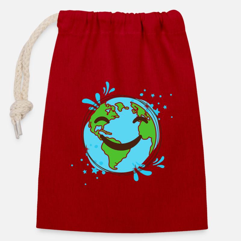 Smiling Earth design cheerful globe - Closable cotton gift bag (14x20cm) - red
