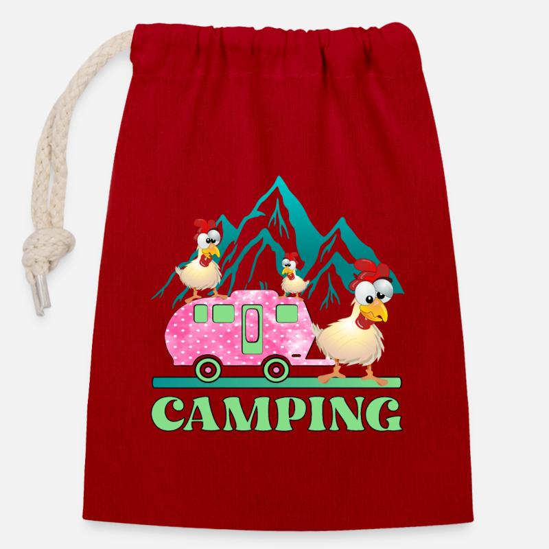 Camping Kids Chickens - Caravan - Closable cotton gift bag (14x20cm) - red