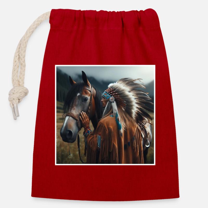 Amérindien - Sac cadeau en coton avec cordon (14 x 20 cm) - rouge