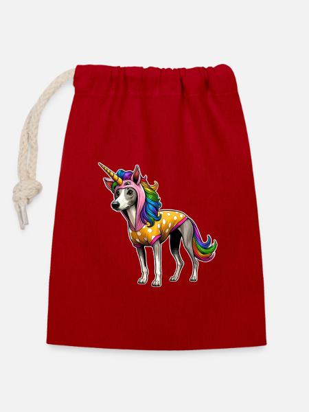 Whippet im Einhorn-Anzug - Verschließbarer Geschenkbeutel aus Baumwolle (14x20cm) - Rot