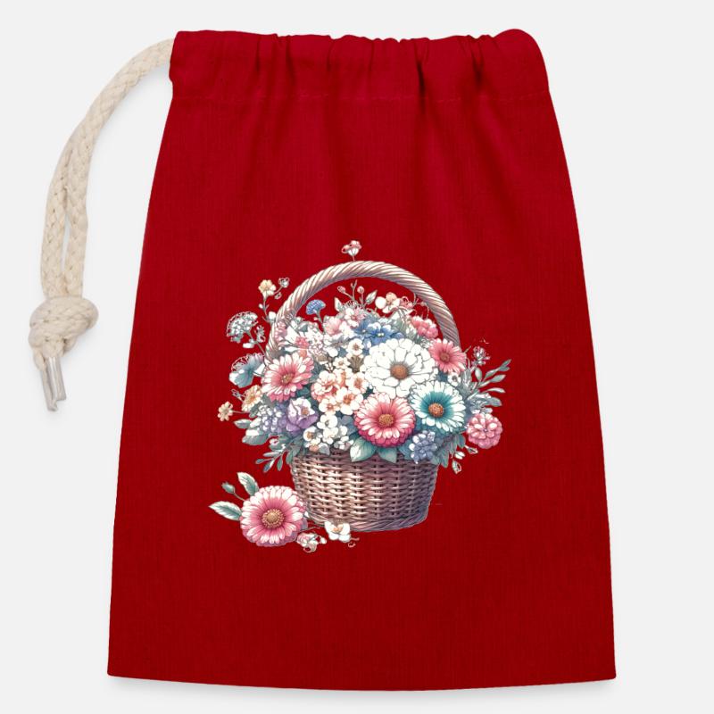 Panier somptueusement rempli de fleurs pastel - Sac cadeau en coton avec cordon (14 x 20 cm) - rouge