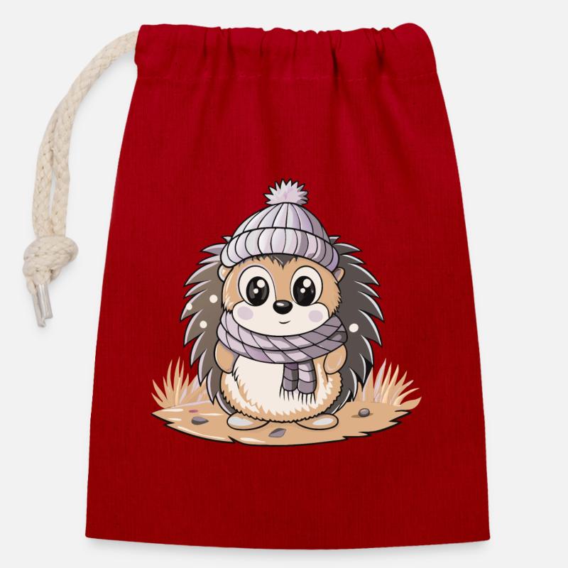 Hérisson mignon avec écharpe et chapeau à pompon. - Sac cadeau en coton avec cordon (14 x 20 cm) - rouge