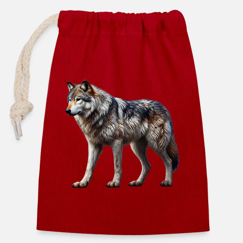 Wolf - Closable cotton gift bag (14x20cm) - red