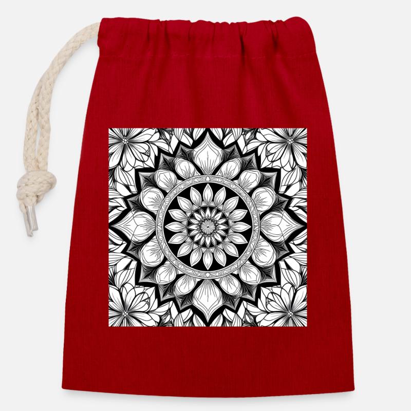 Blumenmuster Mandala Schwarz Weiß - Verschließbarer Geschenkbeutel aus Baumwolle (14x20cm) - Rot