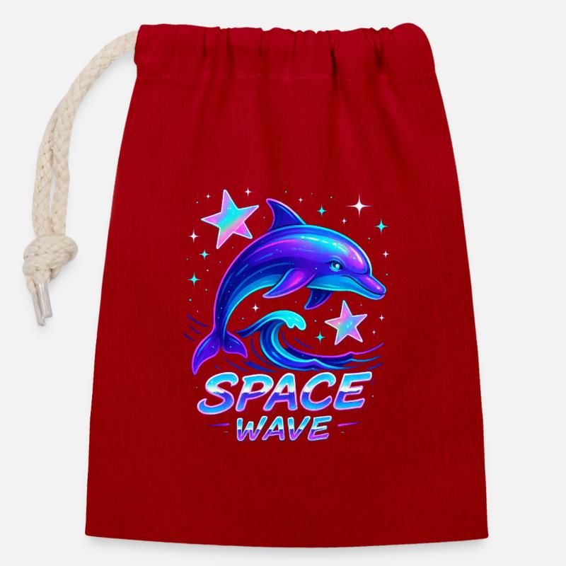 Neon Space Wave Delphin Design - Verschließbarer Geschenkbeutel aus Baumwolle (14x20cm) - Rot