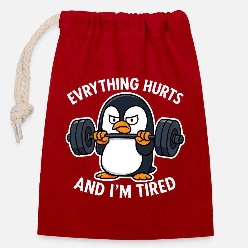 Grumpy Penguin Lifting Weights - Sac cadeau en coton avec cordon (14 x 20 cm) - rouge