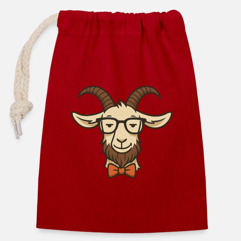 Goat with glasses and bow tie - Closable cotton gift bag (14x20cm) - red