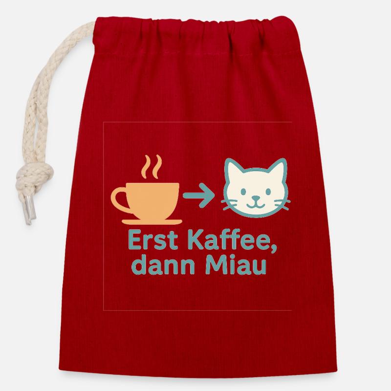 Erst Kaffee, dann Miau - Verschließbarer Geschenkbeutel aus Baumwolle (14x20cm) - Rot
