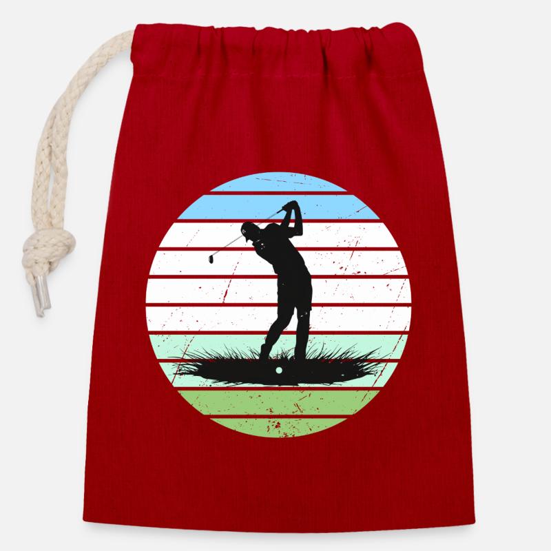 Silhouette de golf en cercle à rayures rétro - Sac cadeau en coton avec cordon (14 x 20 cm) - rouge